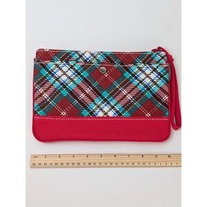 Lands End Red Plaid Canvas Wristlet Pouch Zipper Clutch Bag with Card Slots